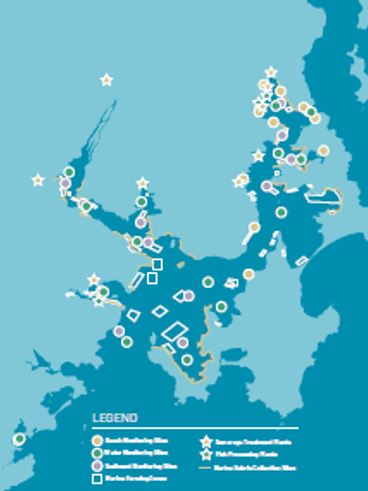 Map illustrating aquaculture facilities  in the D'Entrecasteaux Channel and the mouth of the Huon River in Tasmania.