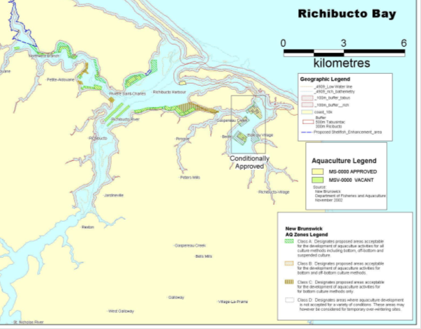 Carte de la baie Richibucto, au Nouveau-Brunskwick, montrant les zones d’aquaculture et les concessions d’aquaculture vacantes et approuvées.