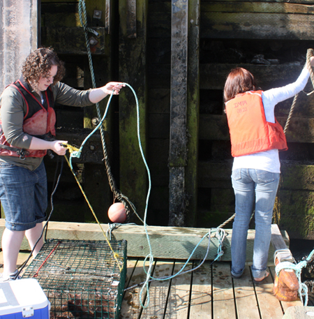 Emily Nelson and Lindsay Orr deploy a cage of sea cucumbers at SABS