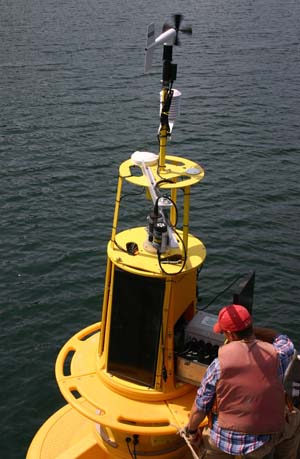 The multi-parameter University of Victoria CARMS buoy positioned upstream of the Kyuquot SEAfoods Ltd. IMTA farm site