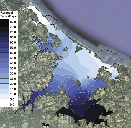 Spatial distribution of water renewal time in Malpeque Bay, PEI, forced by tides