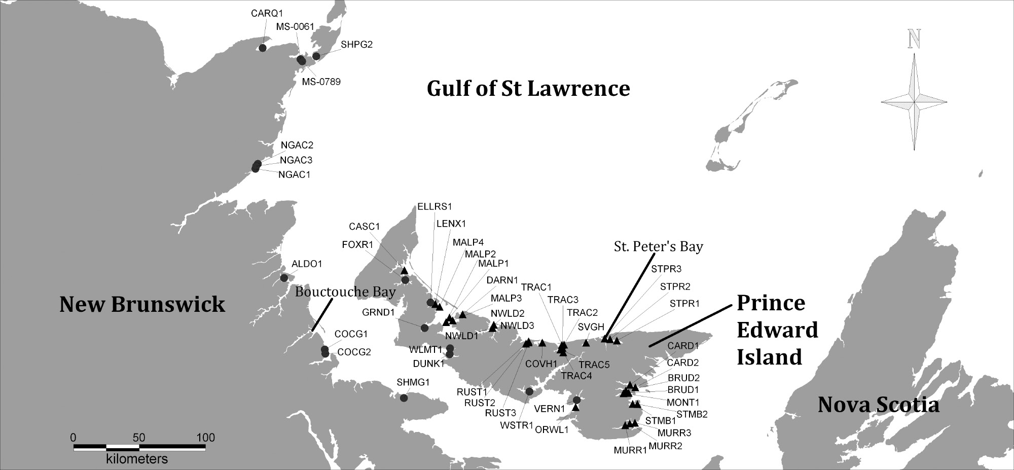 Study area and location of monitoring stations of oysters and mussels