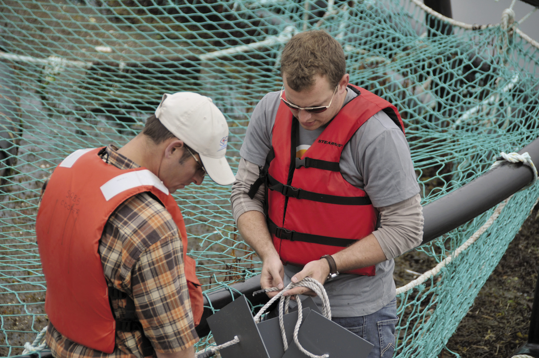 Andrew Cooper et Jonathan Day installent les plaques de biocollecteurs en PVC dans un site d’AMTI