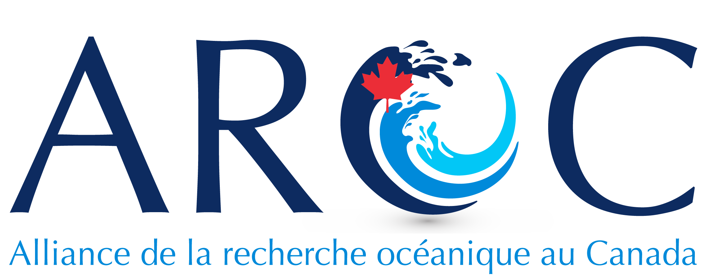 Logo de l'AROC avec une vague stylisée sur trois tons de bleu et la feuille d’érable rouge du Canada où l’on peut lire « Alliance de la recherche océanique au Canada ».