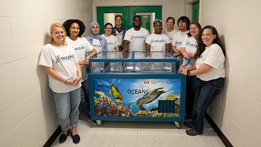 A diverse group of X-Oceans ocean literacy program members wearing white X-Oceans branded T-shirts, standing around their portable marine touch-tank. The touch-tank has an underwater photo depicting sea turtles, corals and fish, with StFX and Government of Canada logos.