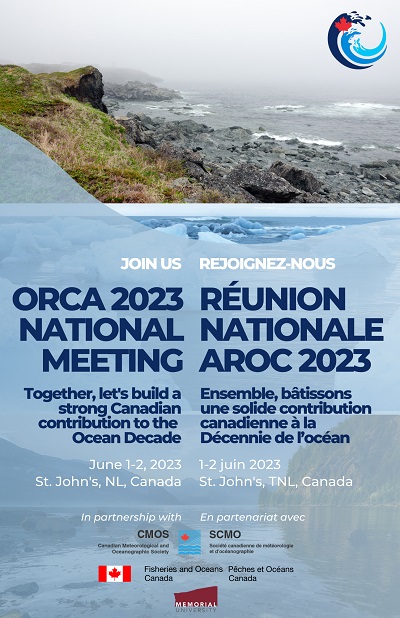 A poster promoting the Oceans Research Alliance in Canada (ORCA) 2023 meeting to be held in St. John's, Newfoundland from June 1 to 2, 2023. 