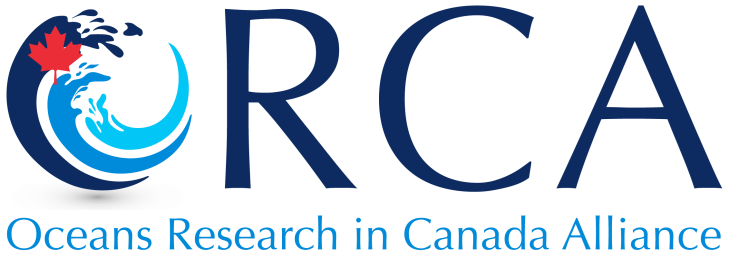 ORCA logo with stylized wave with 3 shades of blue and a Canada red maple leaf where it reads Oceans Research in Canada Alliance.