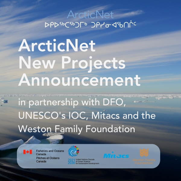 Arctic image on the background with ArcticNet’s logo at the top, followed by the text in white and large font: ArcticNet New Projects Announcement. Underneath, in smaller font, it reads “in partnership with DFO, UNESCO’s IOC, Mitacs and the Weston Family Foundation. At the bottom, a transparent box contains the logos for Fisheries and Oceans Canada, the UN Ocean Decade, Mitacs and the Weston Family Foundation. 