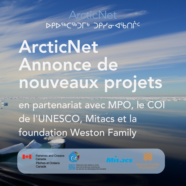 Image de l’Arctique en arrière-plan avec le logo d’ArcticNet en haut, suivi du texte suivant en blanc et en gros caractères : ArcticNet New Projects Announcement. En dessous, en caractères plus petits, on peut lire « in partnership with DFO, UNESCO’s IOC, Mitacs and the Weston Family Foundation ». En bas, une zone de texte transparente contient les logos de Pêches et Océans Canada, de la Décennie de l’océan des Nations Unies, de Mitacs et de la Weston Family Foundation.