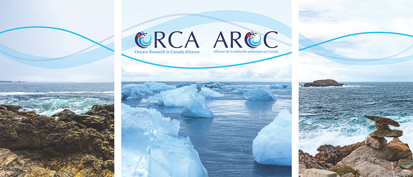 ORCA bilingual logo with tagline ‘Oceans Research in Canada Alliance’ placed on the foreground of images of Canada’s 3 coasts, with blue wavy lines cutting across.