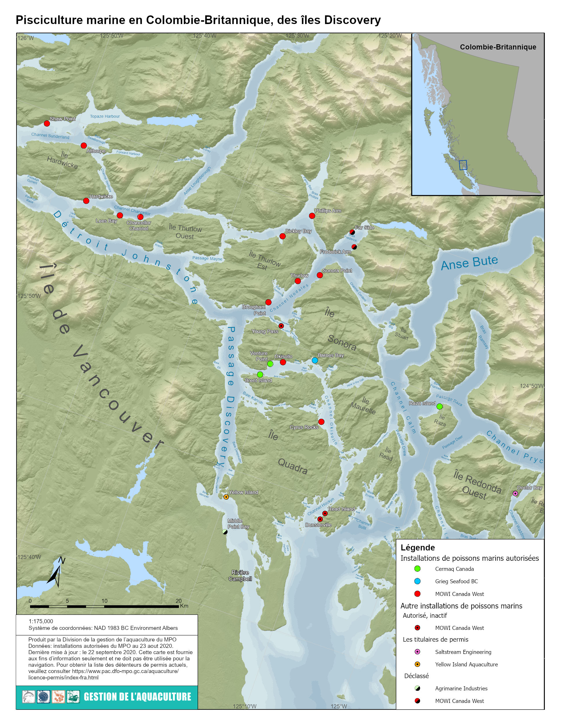 Carte montrant les fermes piscicoles dans la zone du passage Discovery (2020)