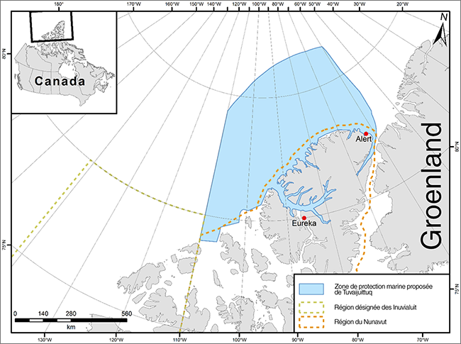 Carte de la zone de protection marine proposée de Tuvaijuittuq, Région du Centre et de l’Arctique