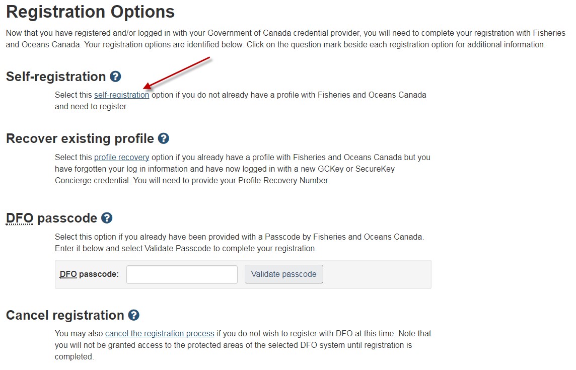 Registration options page