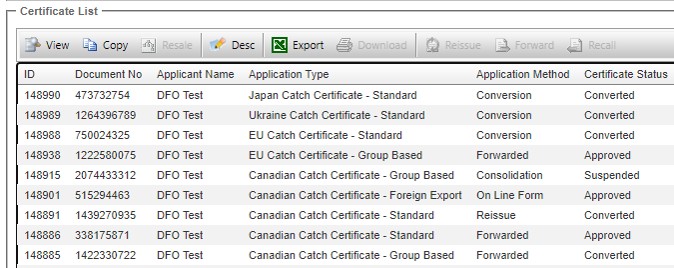 Image of Certificate list menu