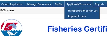 Image of Applicant/Exporters navigation menu