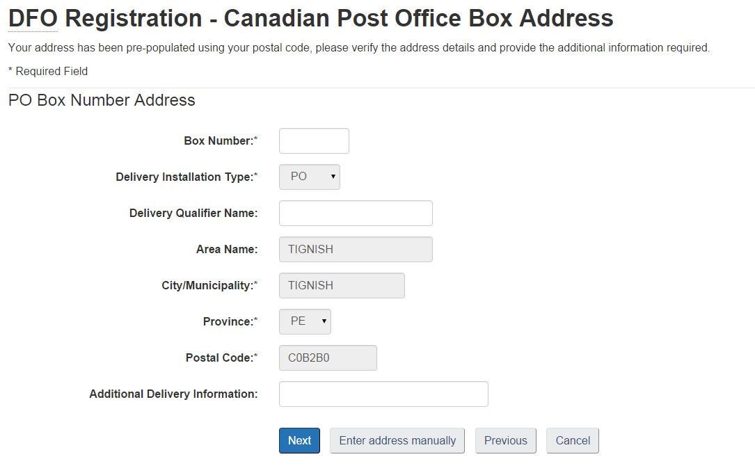 Canadian post office box address page