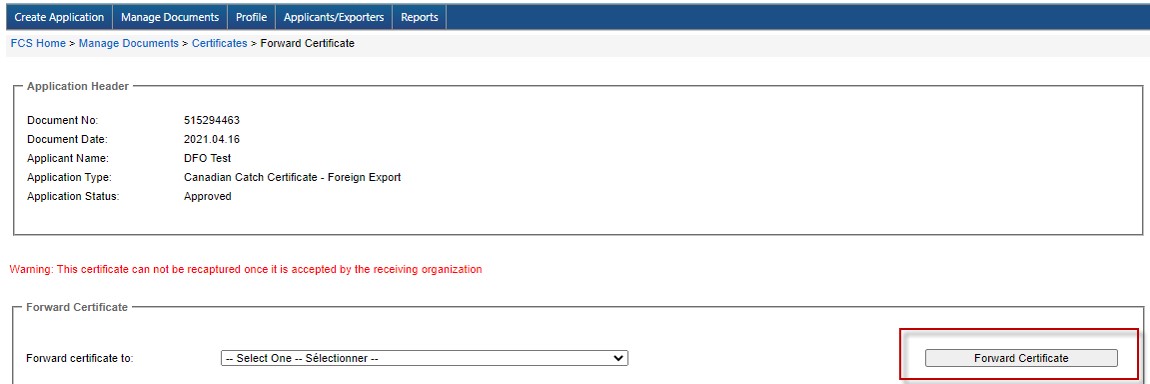 Image of Forward Certificate screen