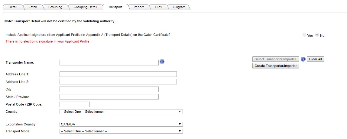 Image of Transport tab