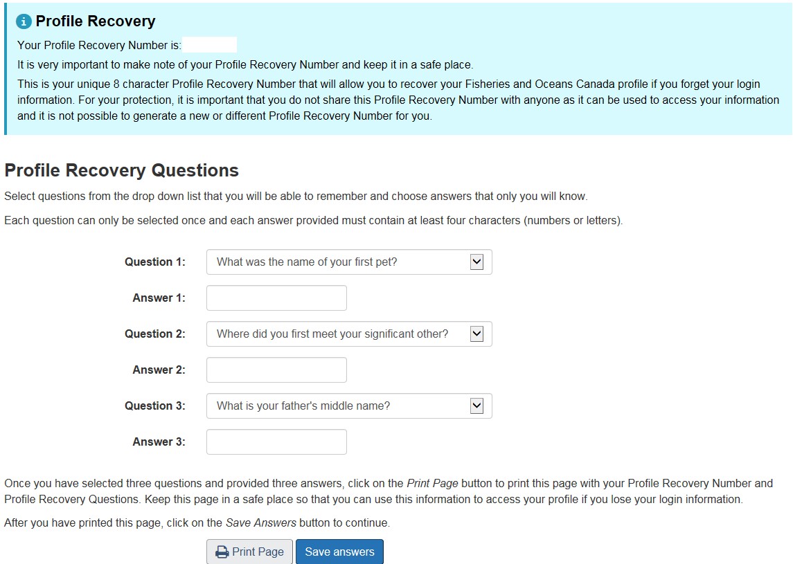 Profile recovery questions page