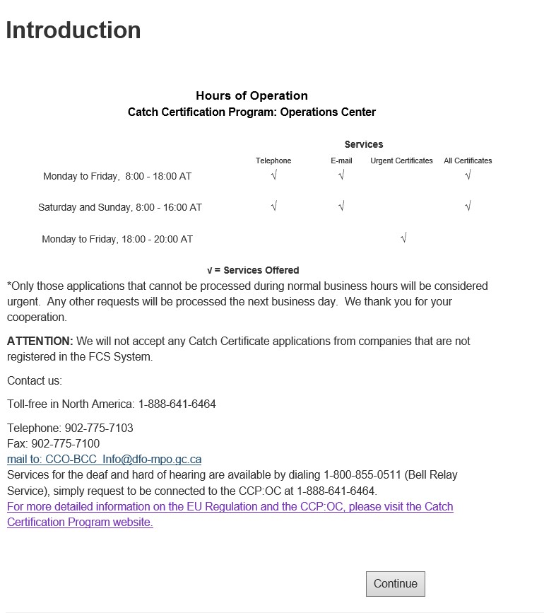 Introduction page with hours of operation