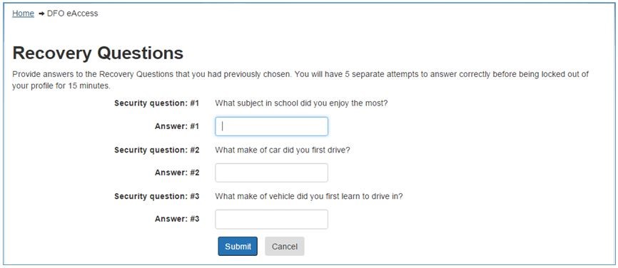 Image of Recovery questions page