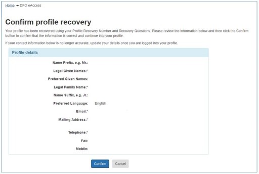 Image of Confirm profile recovery page