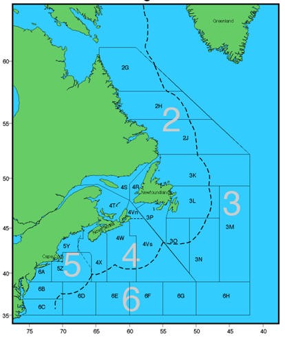 Map showing NAFO boundaries on the Atlantic coast 