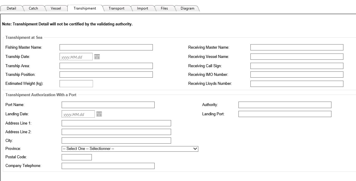 Image of Transhipment tab