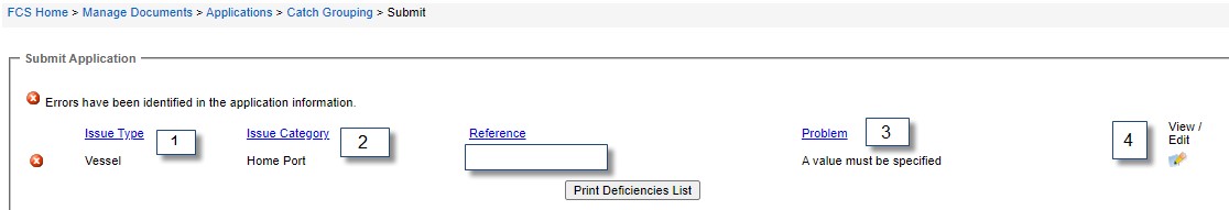 Image of deficiencies in the catch certificate application