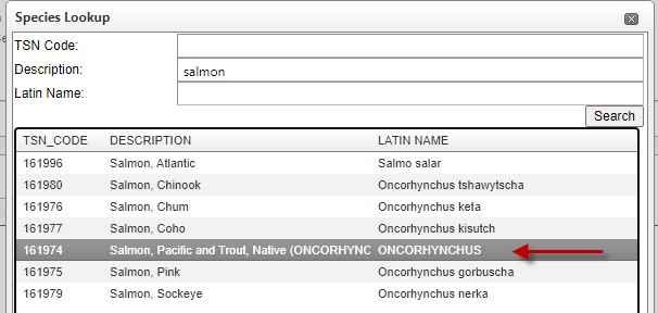 Image of Species Lookup window