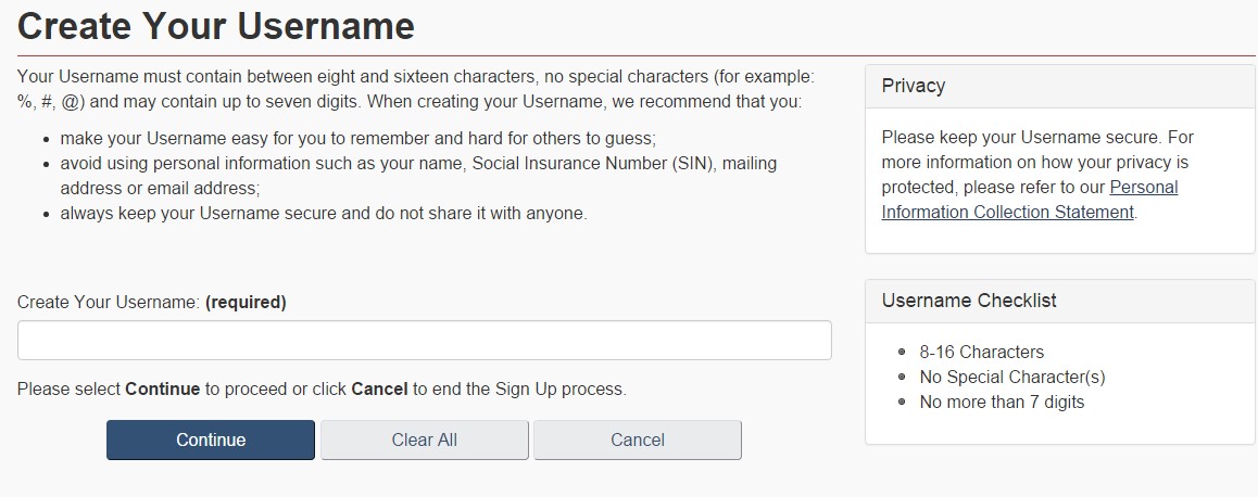 Create Your Username page