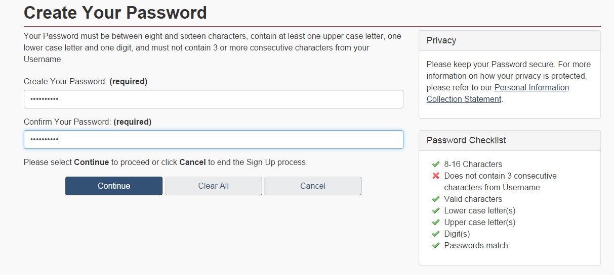 Create your Password page