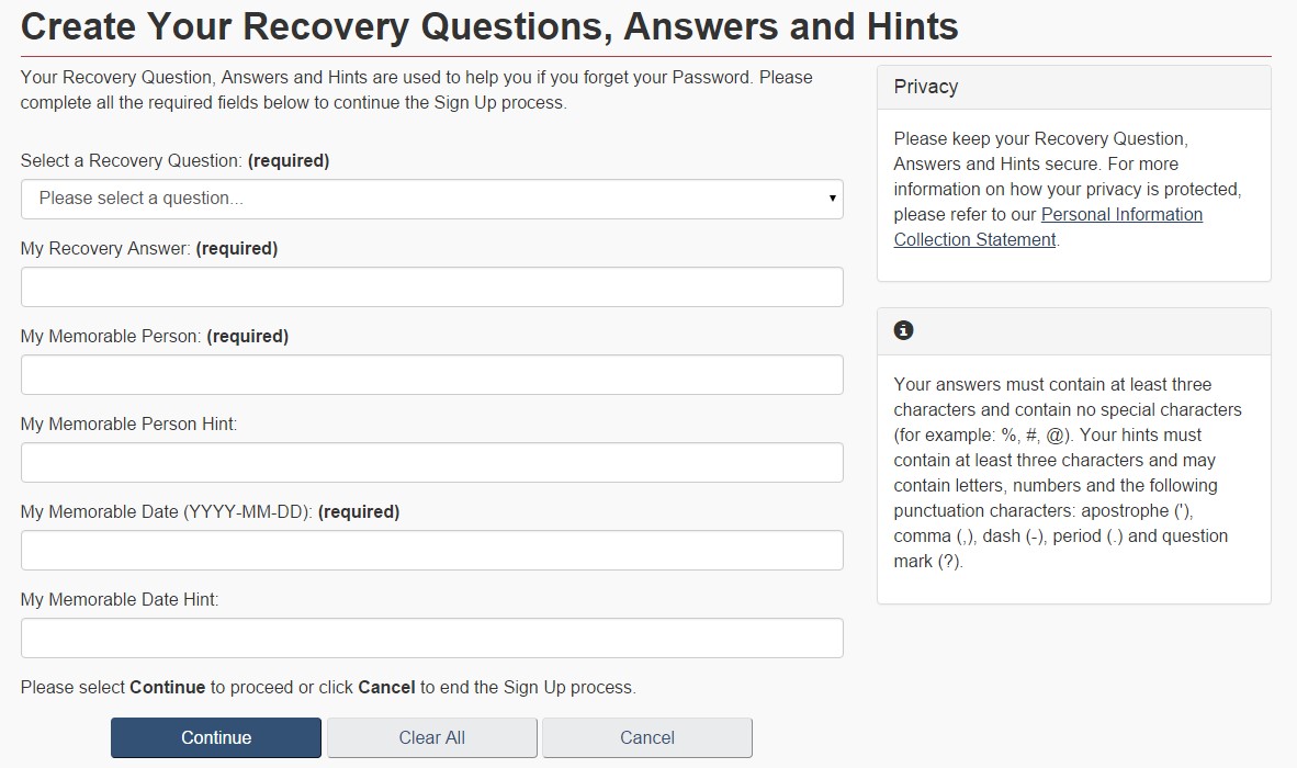 Create your recovery questions, answers and hints page
