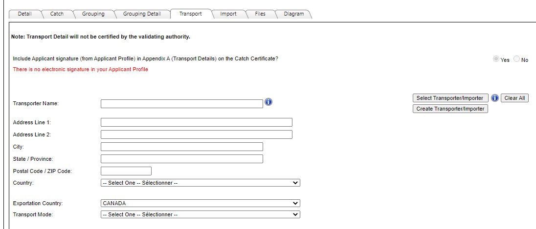 Image of Transport tab