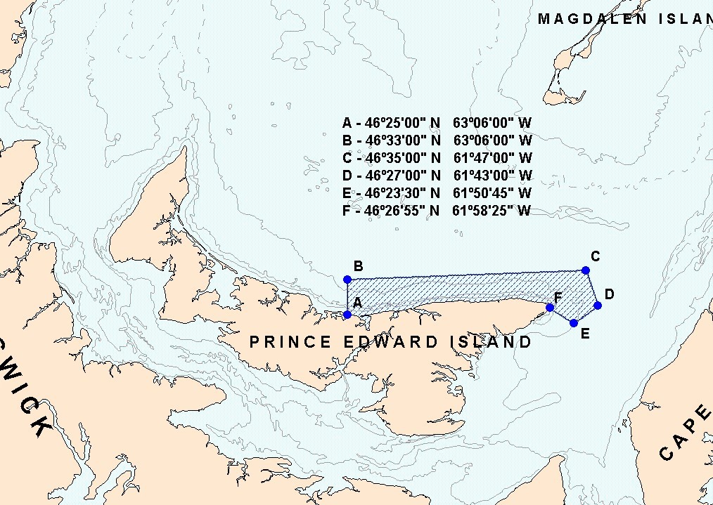 Map illustrating the closure of the commercial inshore herring fishery off northeast PEI (April 1 to June 30) and of the large purse seiners herring fishery (year round)