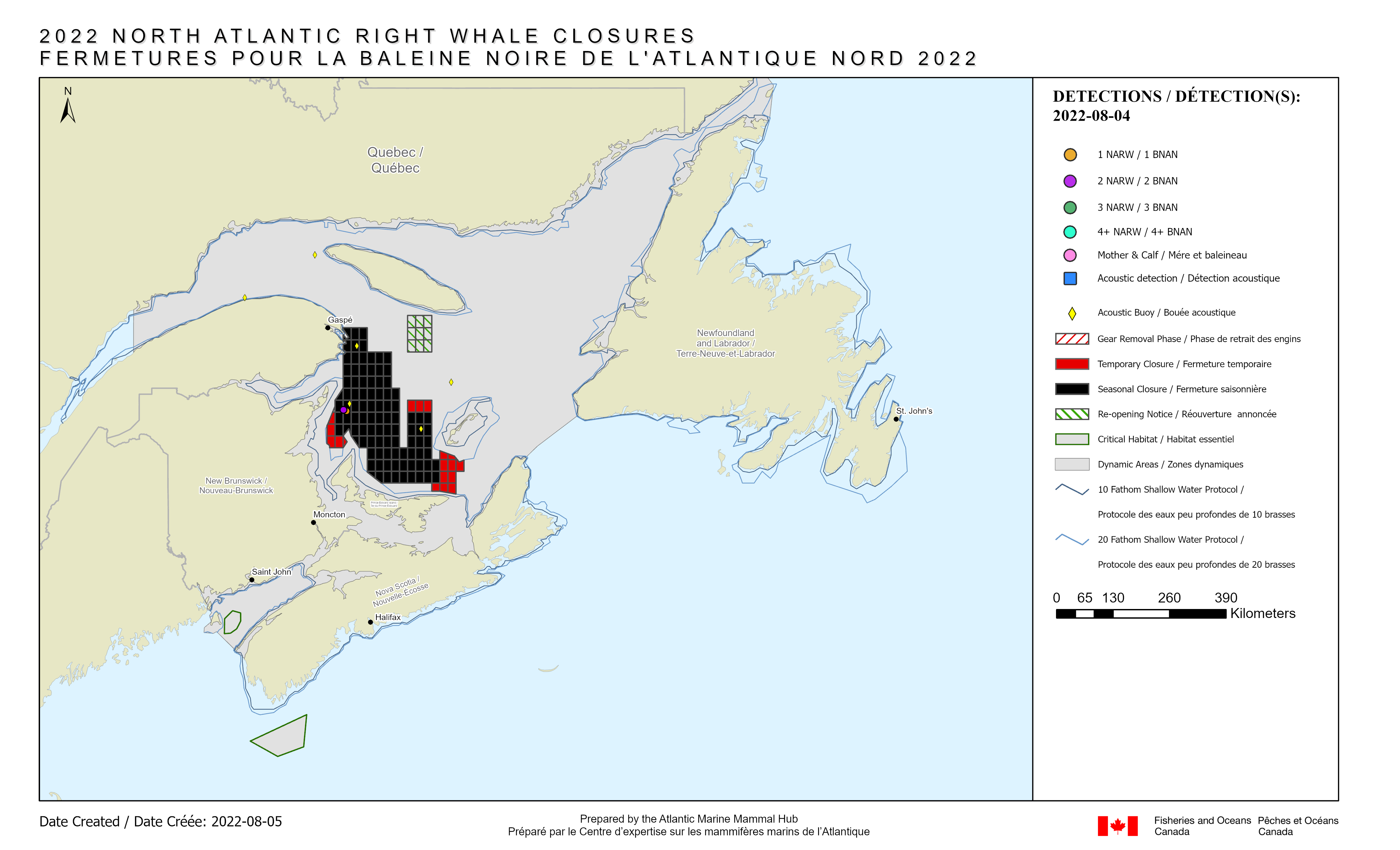 Map presenting all grid re-openings in Eastern Canada related to previous detection of NARW