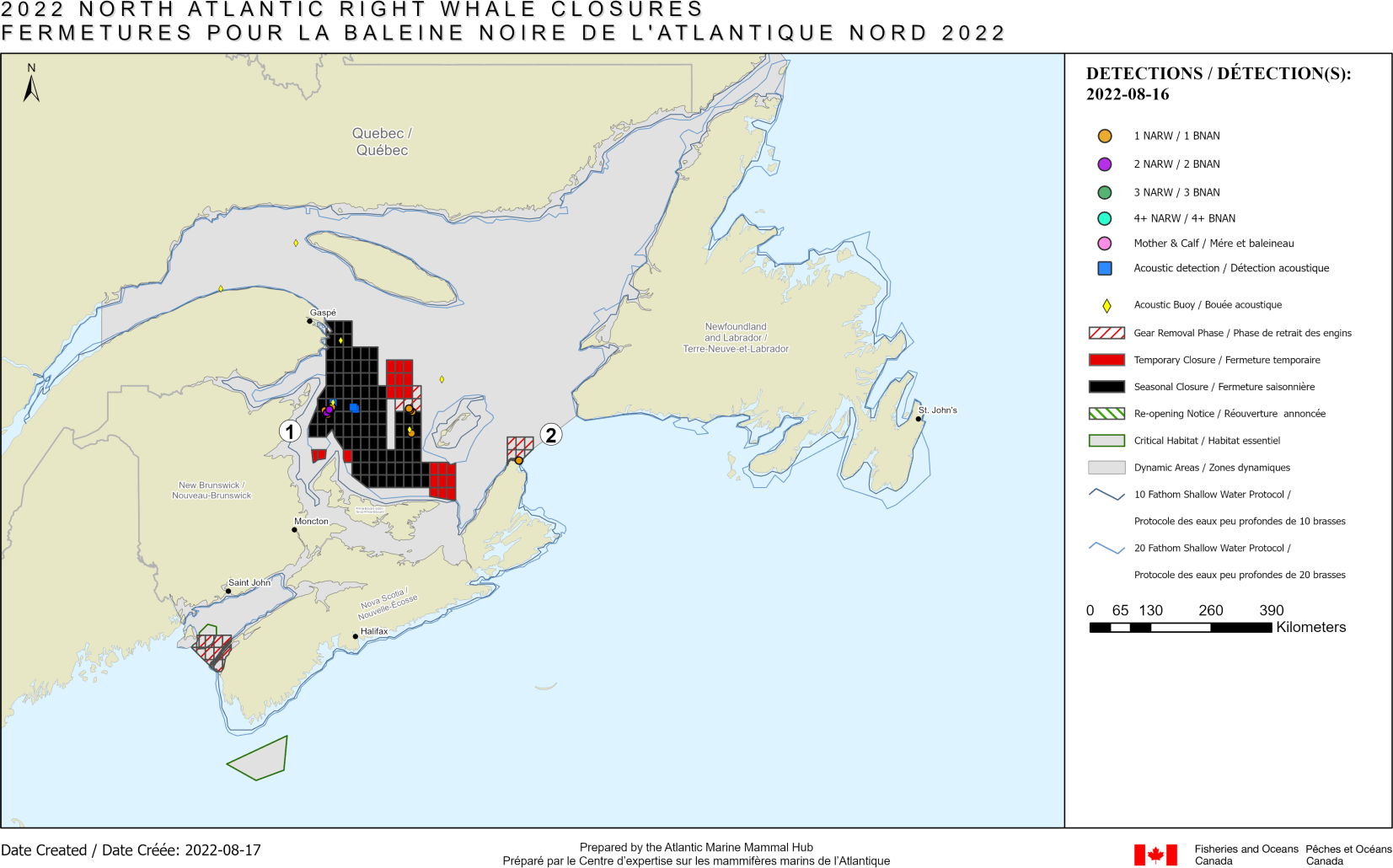 Carte illustrant tous les quadrilatères qui ouvrent à nouveau dans les eaux canadiennes en raison de détections précédentes de BNAN