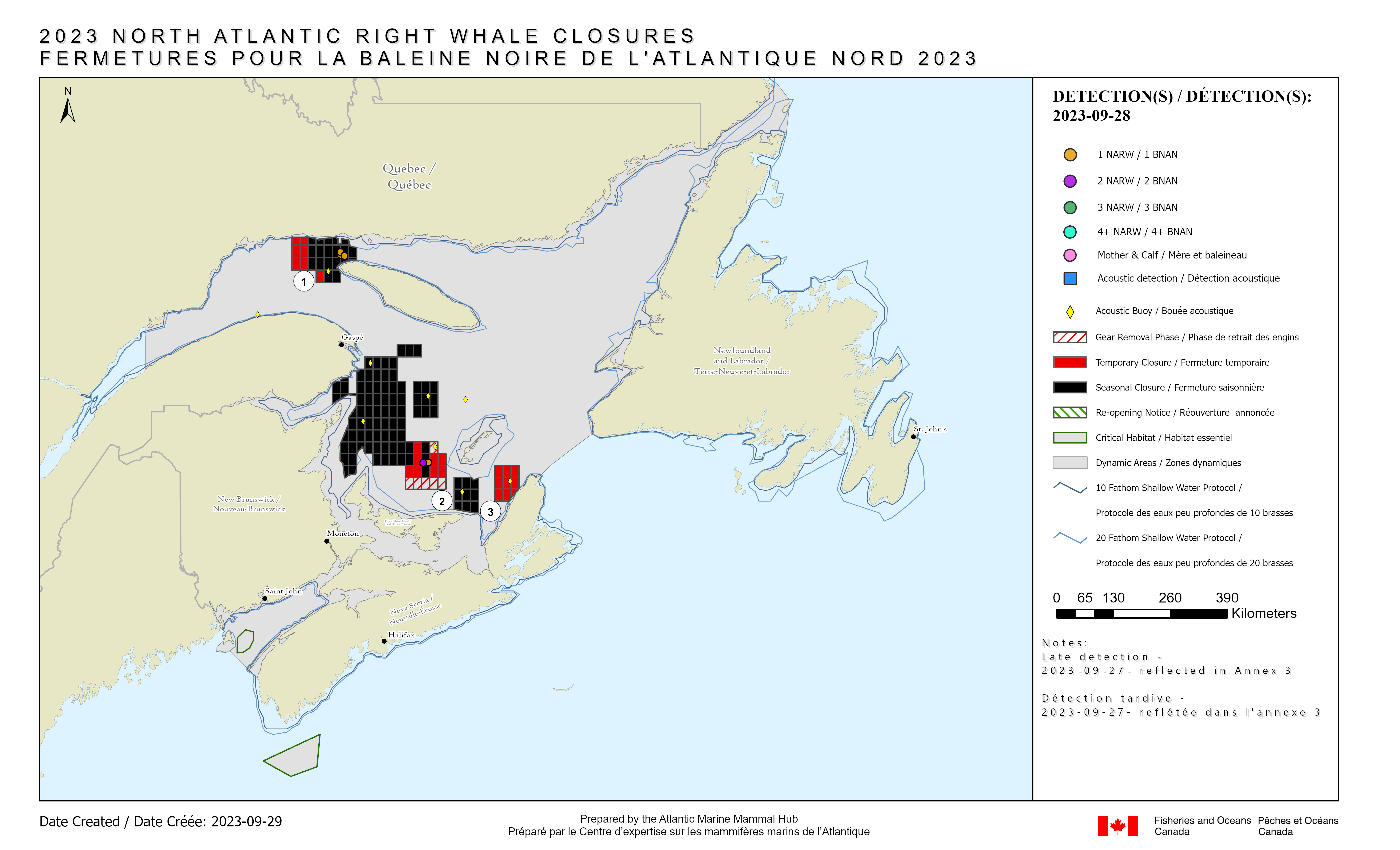 Map presenting all grid closures in Eastern Canada related to the detection of NARW