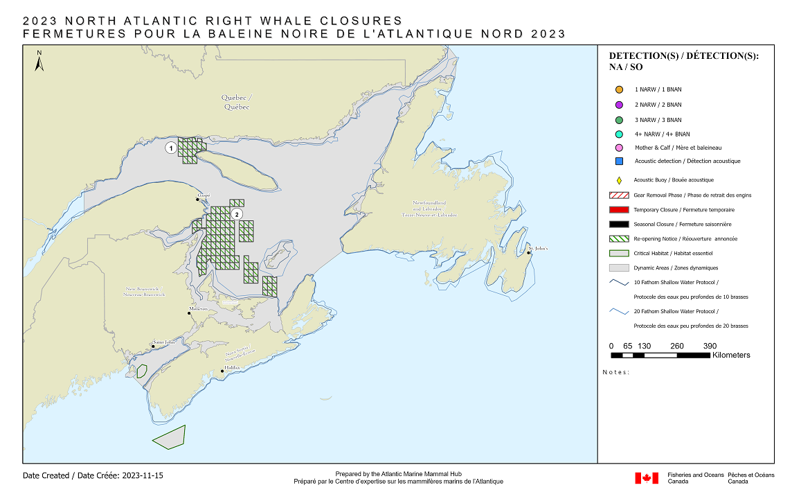 Carte illustrant tous les quadrilatères fermés dans les eaux canadiennes en raison des détections de BNAN