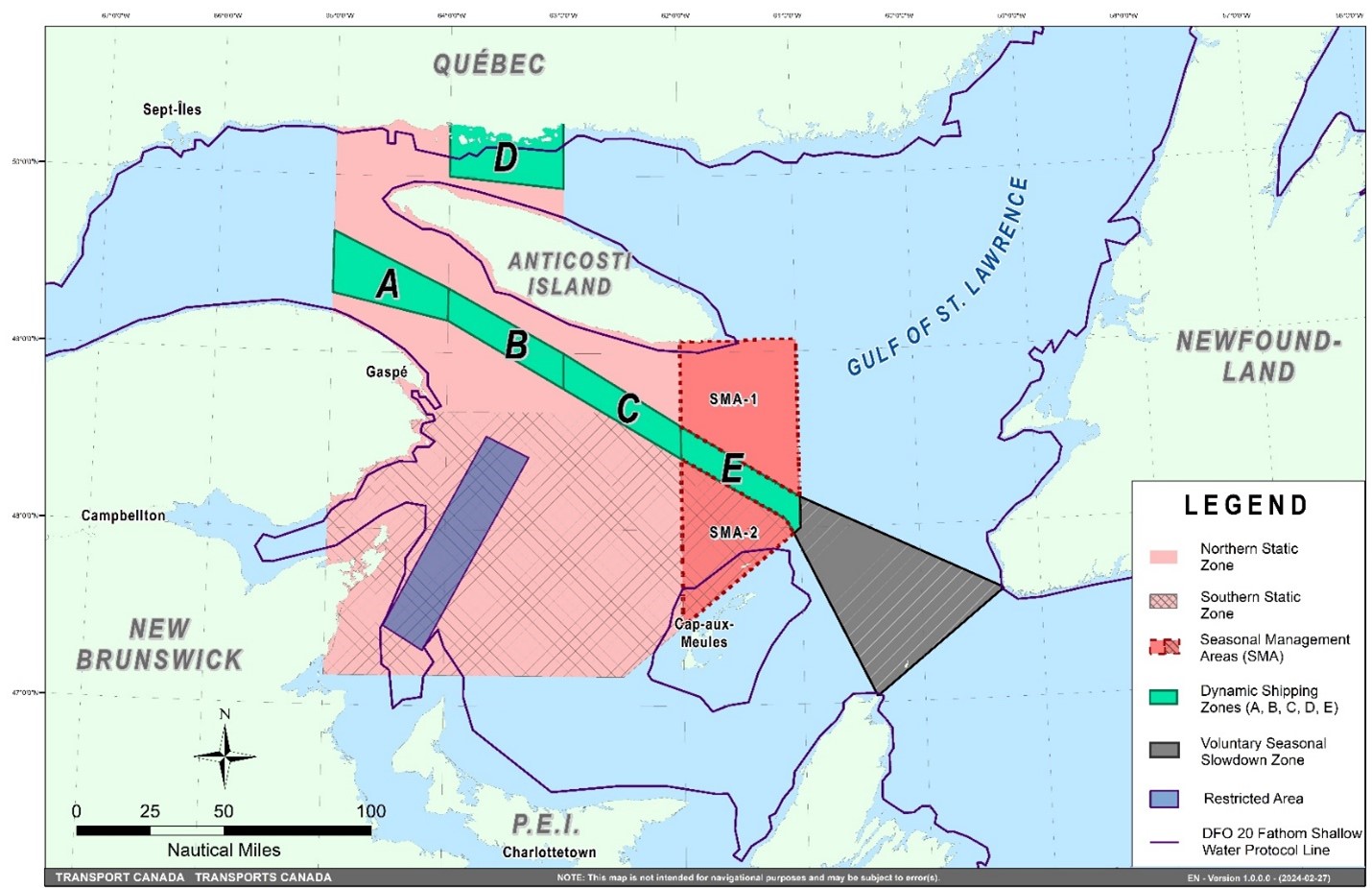 Map showing the two static zones (north and south), the five dynamic shipping zones (A, B, C, D and E), the seasonal management areas, the restricted area, the voluntary seasonal slowdown zone and the DFO 36.57 m (20 fathom) shallow water protocol line.