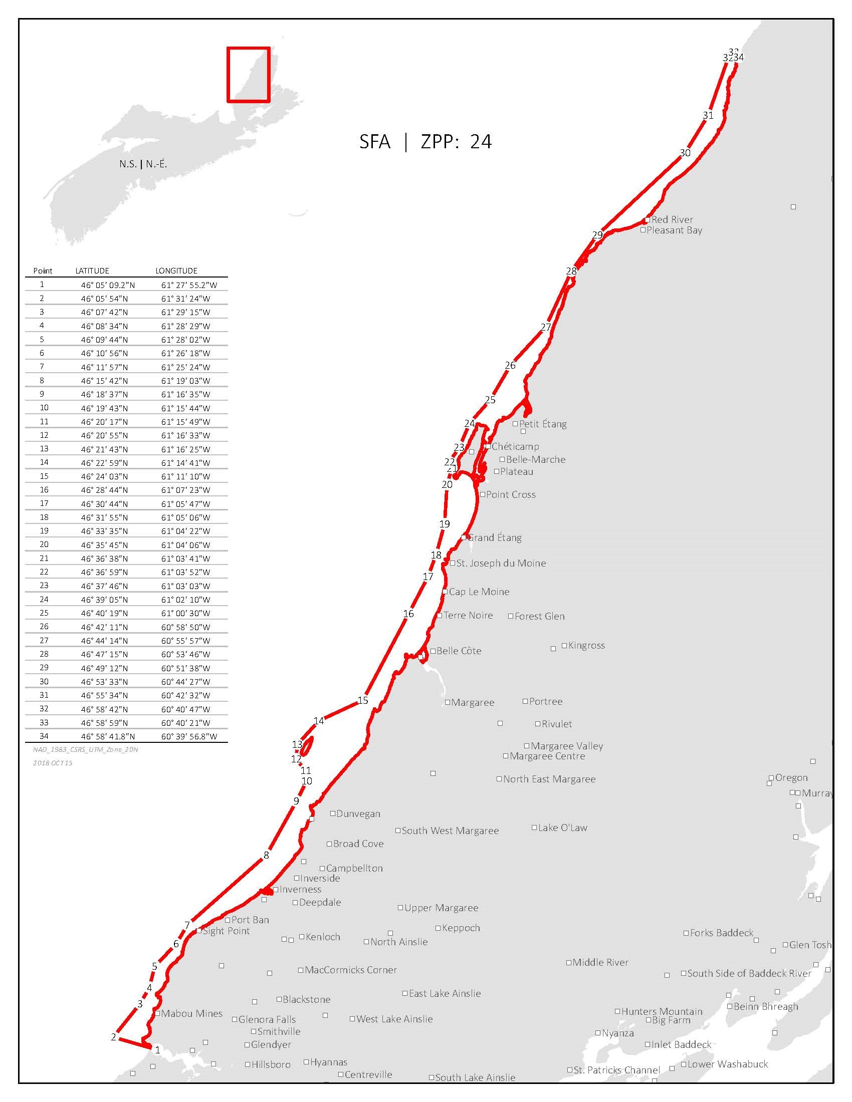 Carte de la zone tampon de l’ouest du Cap-Breton (nord de Mabou) avec les coordonnées*