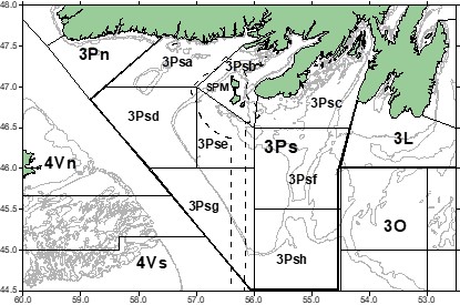 Carte illustrant les zones de pêches 3Ps