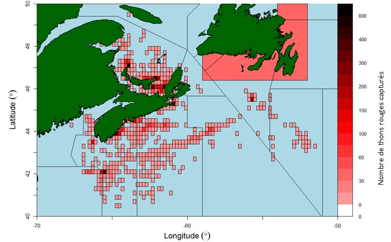 Répartition des prises de thon rouge de l’Atlantique pour la période 2012-2016