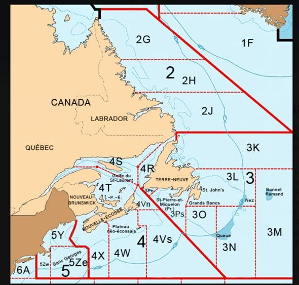 Carte des sous-secteurs des pêches de l’Atlantique Nord-Ouest et divisions de l’OPANO