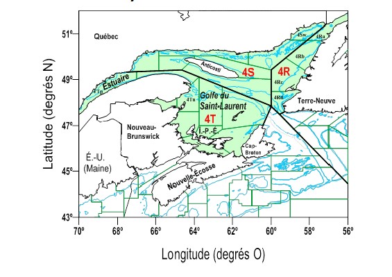 Carte montrant les zones de pêche dans le golfe du Saint-Laurent