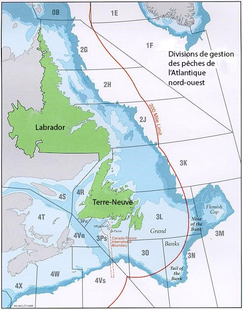 Carte des divisions de gestion des pêches de l’Atlantique Nord-Ouest de l’OPANO