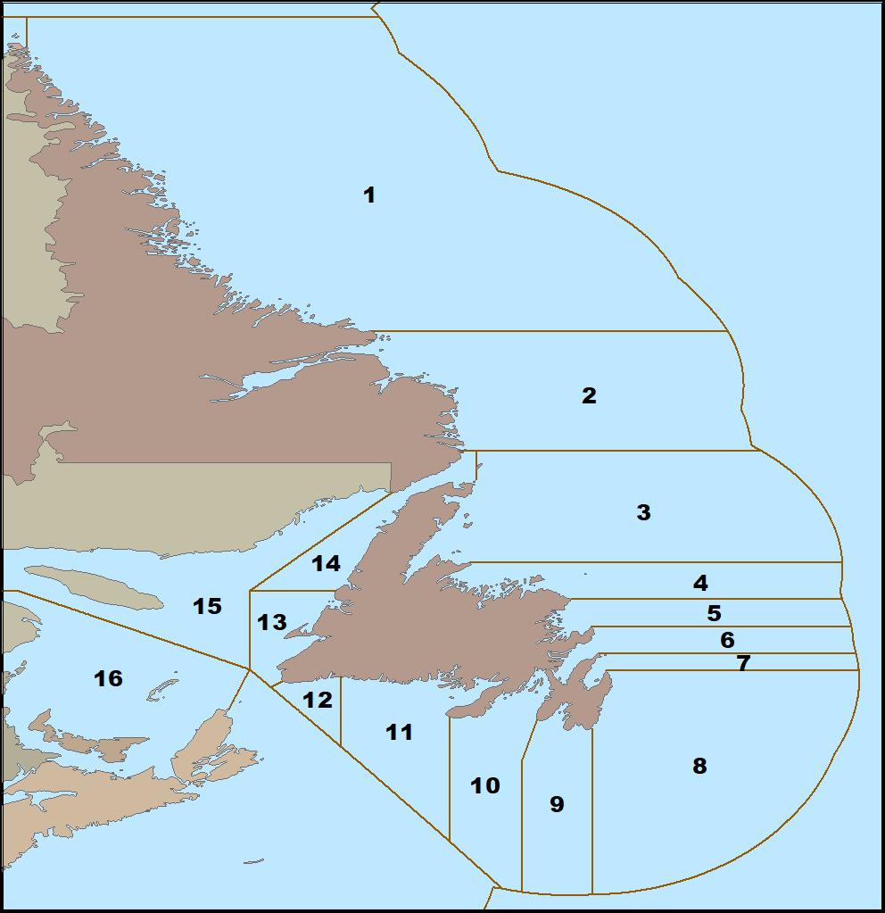 Carte des zones de pêche au capelan autour de Terre-Neuve-et-Labrador
