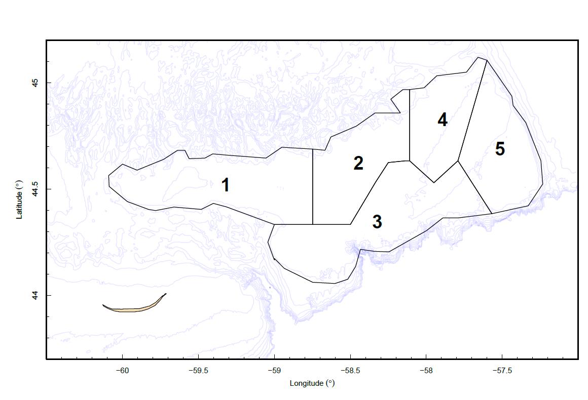 Map of the Banquereau, showing the 5 spatial assessment areas used in the assessment.