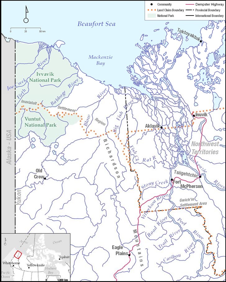 Map of northern Yukon and western Northwest Territories showing borders, rivers and towns.