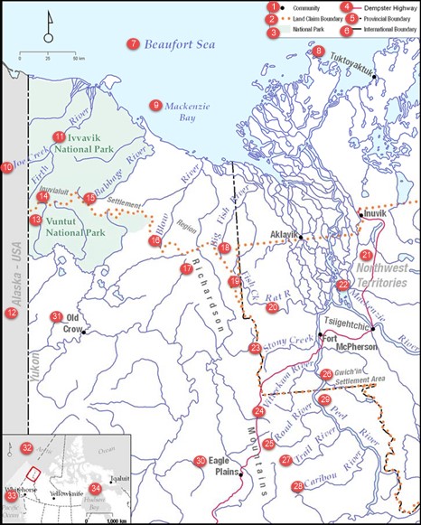 Carte du nord du Yukon et de l'ouest des Territoires du Nord-Ouest montrant les frontières, les rivières et les villes.